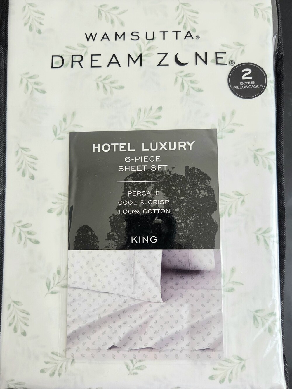 Wamsutta Dream Zone KING Cotton Percale 6 piece Sheet Set Green Leaf on white